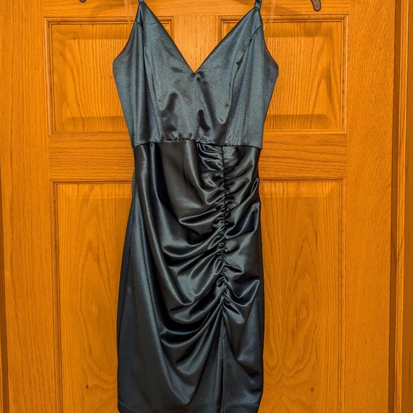 Honey and Rosie Spaghetti Strap V-Neck Ruched Satin Bodycon Dress - Picture 4 of 11